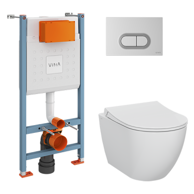 Комплект: Безободковый подвесной унитаз VitrA Mia Round + тонкое дюропластовое сиденье микролифт, кнопка мат. хром