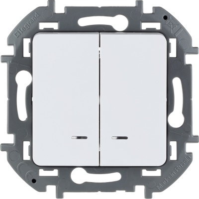 Выключатель двухклавишный с подсветкой/индикацией Legrand Inspiria для скрытого монтажа, цвет "Белый", номинальный ток 10 А, напряжение ~250В
